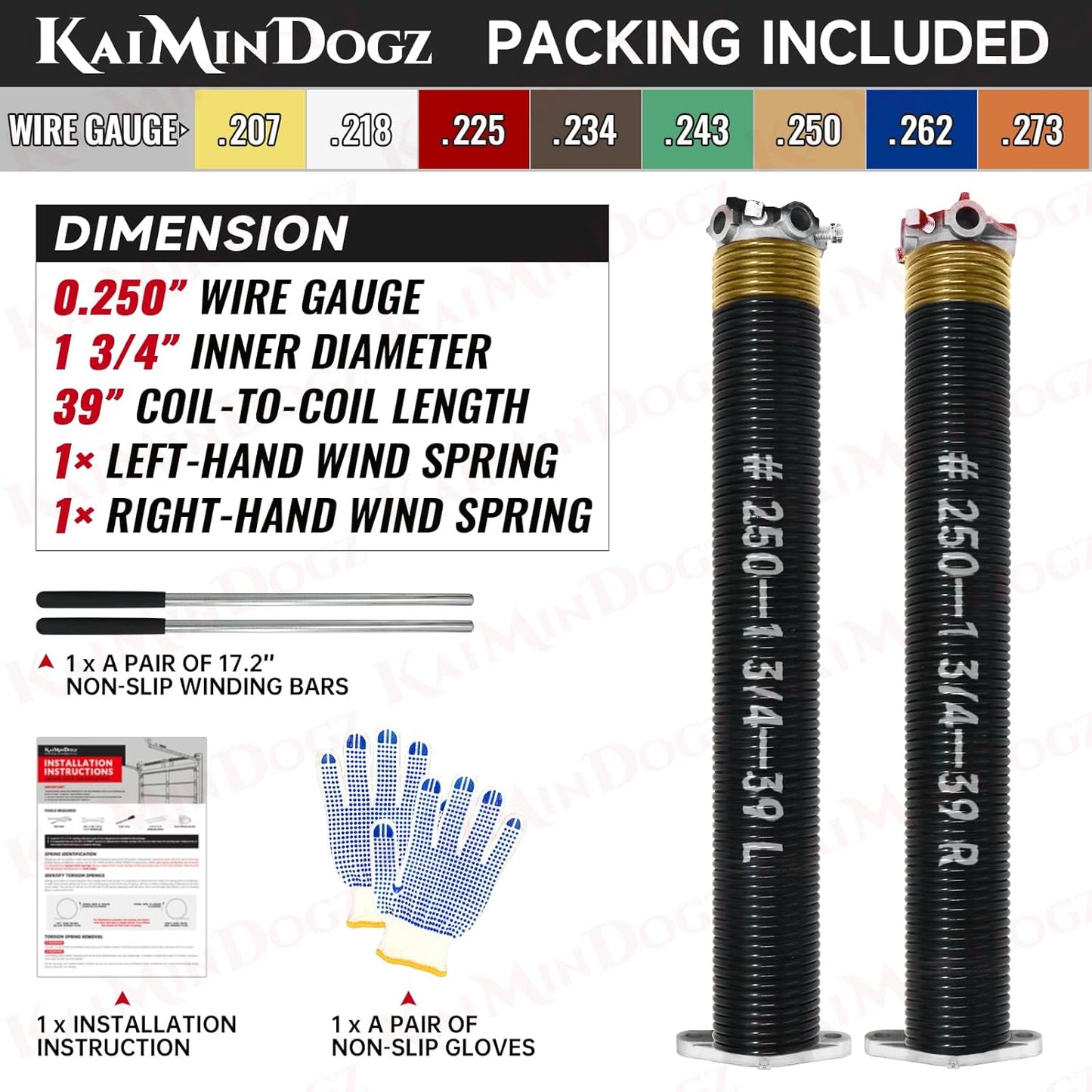 Pair of 1.75" Garage Door Torsion Springs Set with Non-Slip Winding Bars&Gloves, High Precision Electrophoresis Oil-Free Black Coated for Replacement, MIN 16,000 Cycles (0.250 x 1.75"x 39")