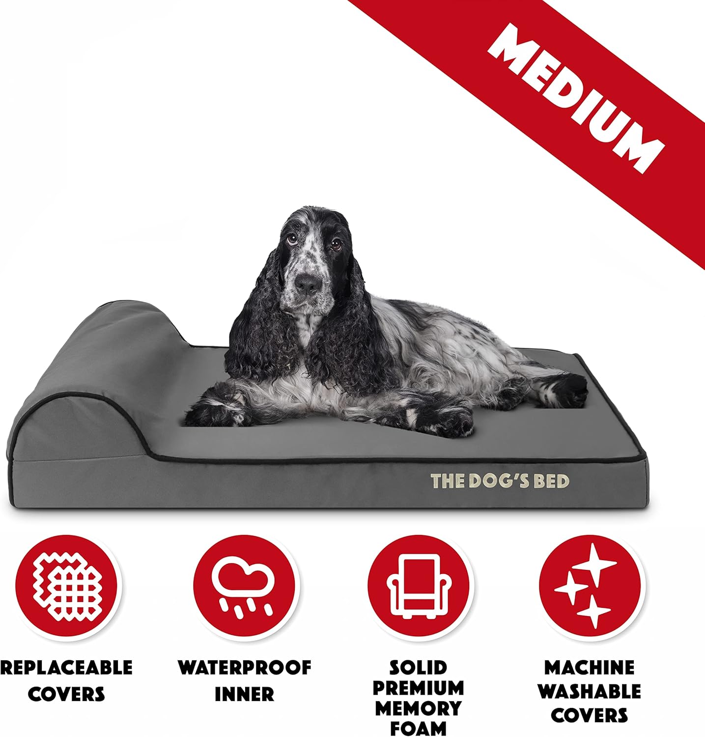 The Dog’s Bed Orthopedic Headrest Dog Bed Med Grey/Black 34x22, Memory Foam, Pain Relief: Arthritis, Hip & Elbow Dysplasia, Post Surgery, Lameness, Veterinary Approved, Waterproof Washable Cover