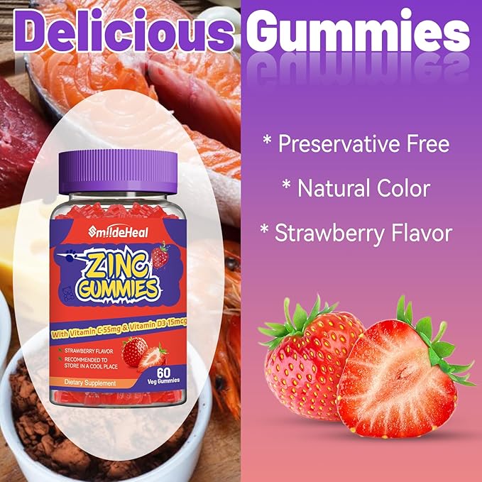 Zinc Gummies, Zinc 50mg, Zinc Citrate, with Vitamin C, Vitamin D3, Non-GMOs, Gluten Free, Strawberry Flavor Gummies, 60 Count (Pack of 2)