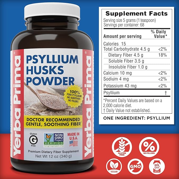 Yerba Prima Psyllium Husk Powder 12 oz (Pack of 2) - Natural Fiber Supplement