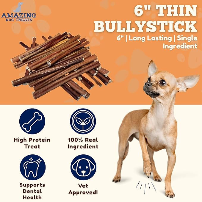 Amazing Dog Treats - Bully Sticks for Small Dogs (6 Inch Junior - 25 Count) - Premium Thin Bully Sticks for Dogs - Best Bully Stick Dog Chews - Bully Bones for Puppies and Small Breeds