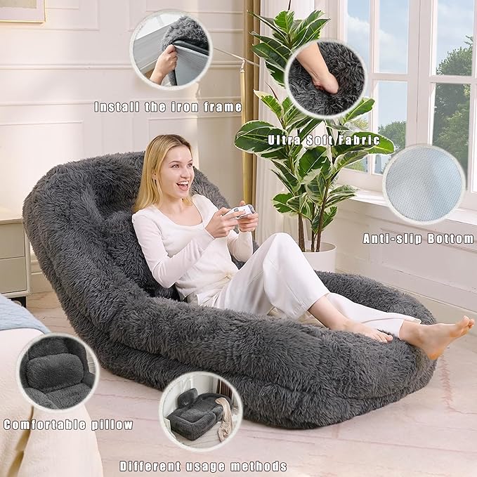Adjustable 5-Position Human Dog Bed for People, Big Comfy Plush Floor Gaming Lazy Sofa Chair with Pillows & Back Support, Foldable Lounge Loveseat Couch for Living Room Bedroom (Dark Gray)