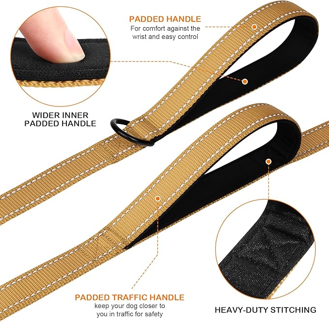 Joytale Dog Leash Heavy Duty for Large Dogs that Pull, Double Handle for Traffic Control, Double-Sided Reflective Leashes for Large Medium Dogs Night Safety, 4FT, Khaki