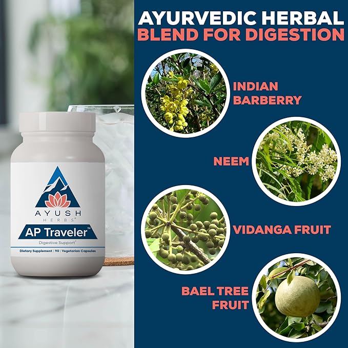 Ayush Herbs AP Traveler Digestive Support - Holy Basil & Neem Supplement for Women & Men, Source of Antioxidants, Helps Digestion, Made with Organic Ingredients - 90 Vegetarian Capsules (1 Count)