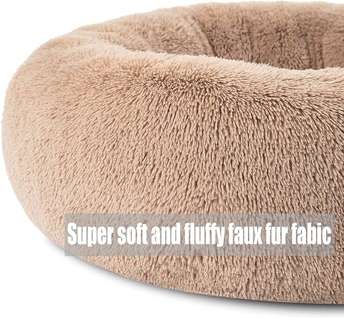 Calming Faux Fur Dog Beds Calming Donut Cuddler Dog Bed Washable Round Cat Bed Pillow Cuddler Fluffy Indoor Dog Calming Beds with Anti Slip Bottom Solid Color White 20 Inch