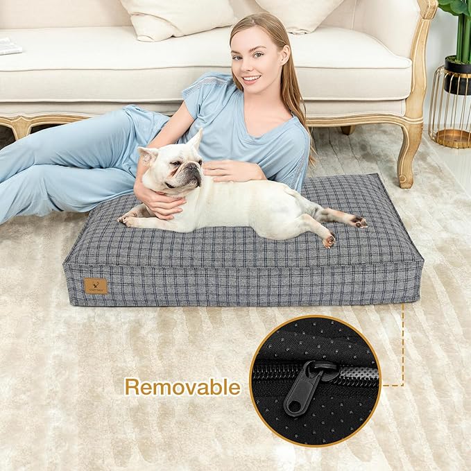 Dog Bed with Easy-Grip Handle - Shredded Memory Foam Pet Bed, Removable & Machine Washable Cover, Non-Slip Bottom, Choose from Cooling Linen or Warm Flannel Style for Dogs & Cats(Large)