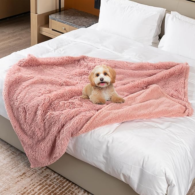 Pink Fluffy Long Faux Fur Pet Throw Blankets for Dogs Waterproof Pet Blanket for Puppy Cats Couch Protector Mat Love Bed Cover Washable(Pink,S)