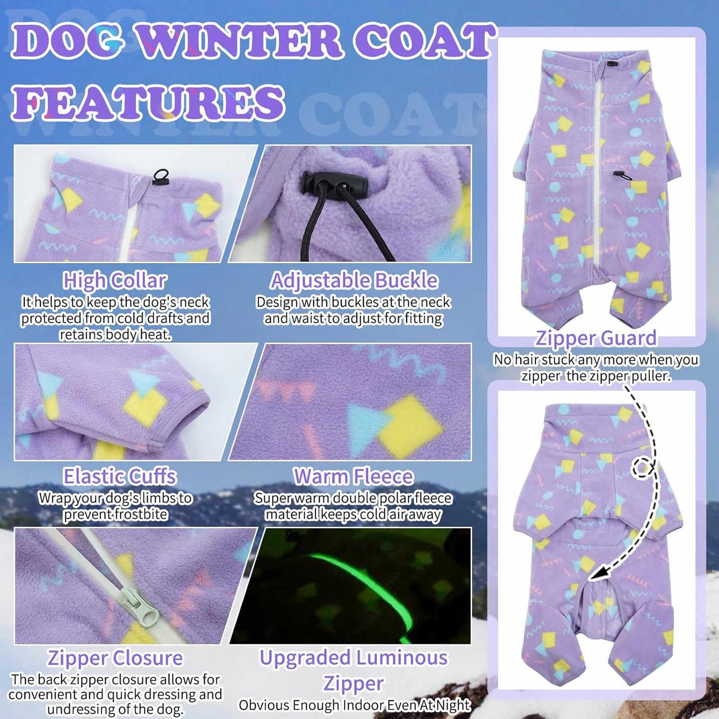 ROZKITCH Dog Pajamas Warm Coat, Pet Windproof Warm Cold Weather Jacket Vest with Luminous Zipper, Jumpsuit Apparel Outfit Clothes for Small Medium Large Dog Geometry S