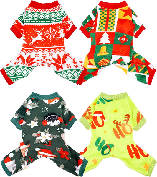 PET SHOW 4 Pack Christmas Small Dog Pajamas Holiday Dog Clothes Doggies Girl Boy Soft Stretchy PJs Xmas Jumpsuit Puppy Cats Onesies Red Green Outfits with Sleeve Pets Dachshund Costume S