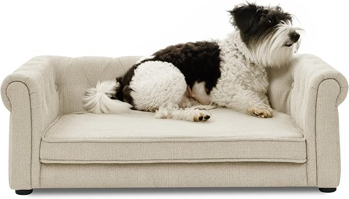 38.9" Elevated Dog Sofa with Button‑Tufted Backrest & Rolled Armrests, Pet Couch Bed with Removable Soft Cushion, Comfortable Upholstery Raised Dog Bed with Thick Padding for Living Room,Bedroom