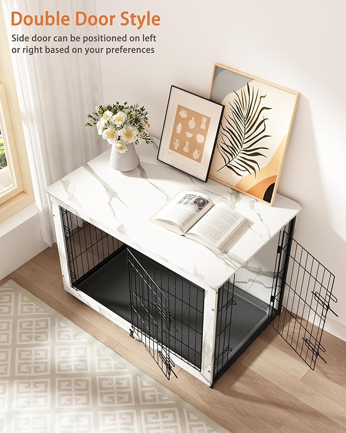 Megidok Wooden Dog Crate Furniture with Cushion,Large Dog Crate End Table with Tray, Double Doors Kennels Indoor (37" L*25" W*26" H, Marble White)