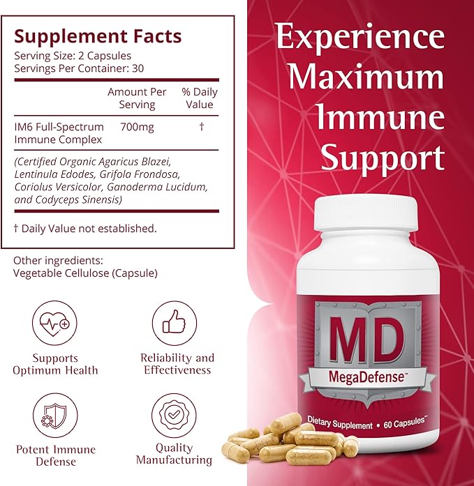 Waiora MegaDefense Mushroom Capsules for Daily Wellness, 6 Mushroom Supplement: Reishi, Turkey Tail, Cordyceps, Maitake, Agaricus & Shiitake, Non-GMO (2 Bott / 60 Veggie Cap serv)