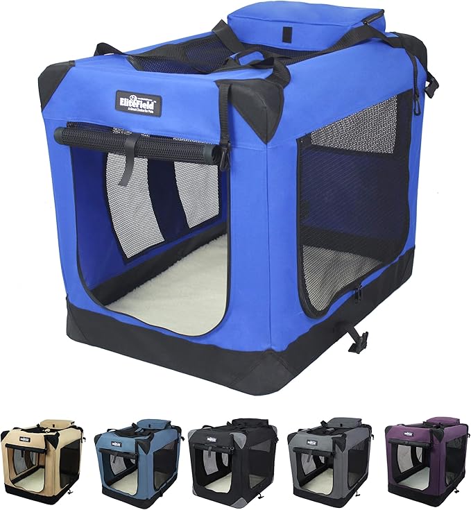 EliteField 3-Door Folding Soft Dog Crate with Carrying Bag and Fleece Bed (2 Year Warranty), Indoor & Outdoor Pet Home (42" L x 28" W x 32" H, Royal Blue)