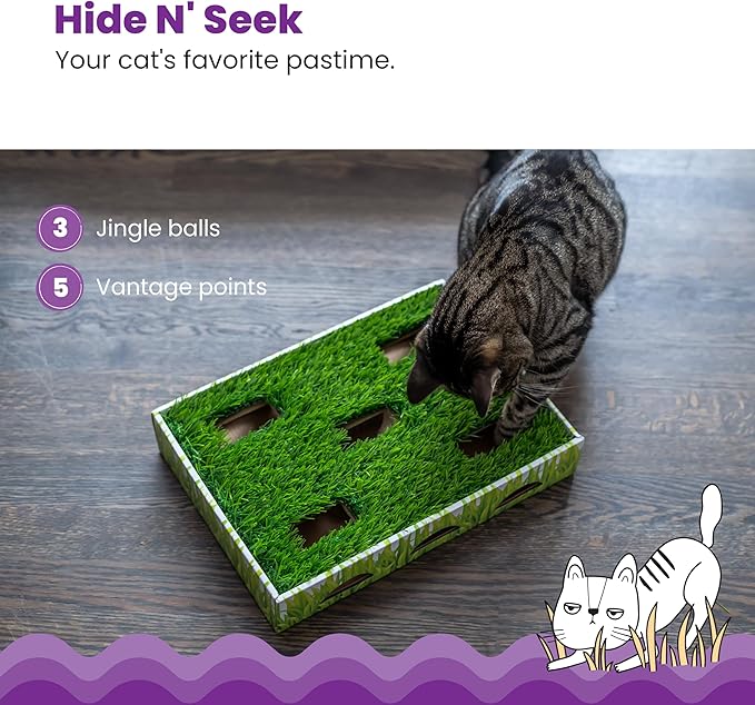 Catstages Grass Patch Hunting Box - Interactive Indoor Cat Toy with Faux Grass & 3 Jingle Balls - Encourages Exercise, Mental Stimulation & Natural Hunting Instincts