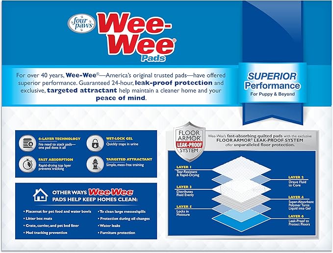 Four Paws Wee-Wee Superior Performance Unscented Pee Pads for Dogs & Puppies, Quilted Leak-Proof Dog Housebreaking Potty Training Floor Protection, 22" x 23", 10 Count