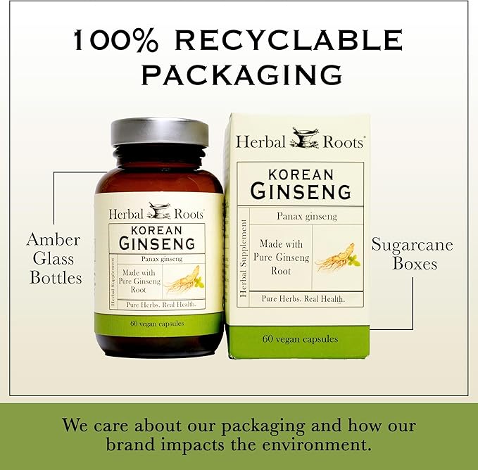 Herbal Roots Panax Ginseng | Organic Korean Ginseng Root Powder | 1000mg | High Ginsenosides for Energy & Performance | 60 Vegan Capsules