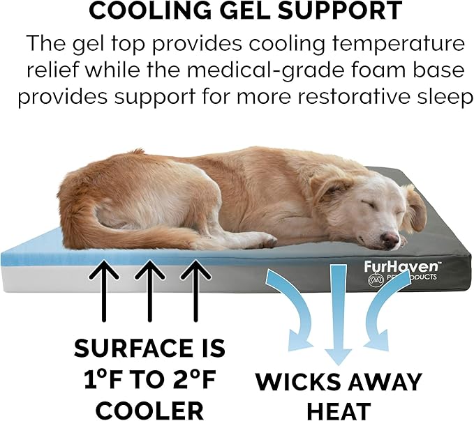 Furhaven Water-Resistant Cooling Gel Dog Bed for Large/Medium Dogs w/ Removable Washable Cover, For Dogs Up to 55 lbs - Indoor/Outdoor Logo Print Oxford Polycanvas Mattress - Stone Gray, Large