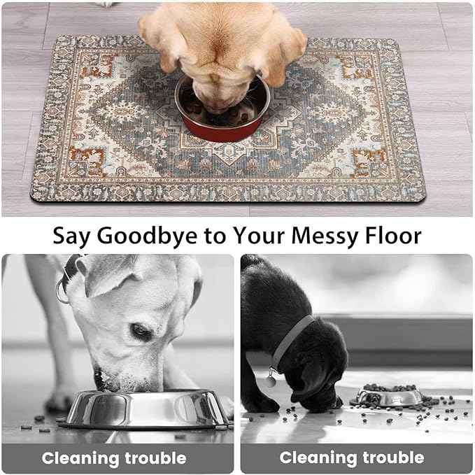Dog Food Mats for Floors, Absorbent and Quick-Drying Pet Cat Food Mat,Anti-Fouling and Easy-to-Clean Pet Feeding Mat,Dog Bowl Mat for Messy Drinking Water Bowls.17 x27, Bohemia Style