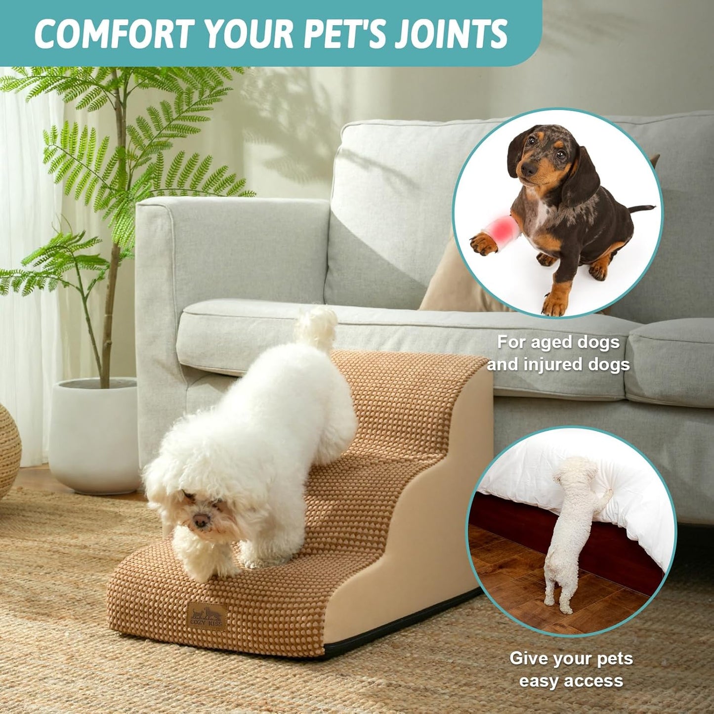 Dog Stairs for Small Dogs 15.7" H, Curved Dog Step for Puppy, Older Cat, Medium Pet Ramp for Sofa, Couch or Chair, Ladder with High Density Foam, 15.7x22.4x15.7 inch, 3 Step, Light Brown