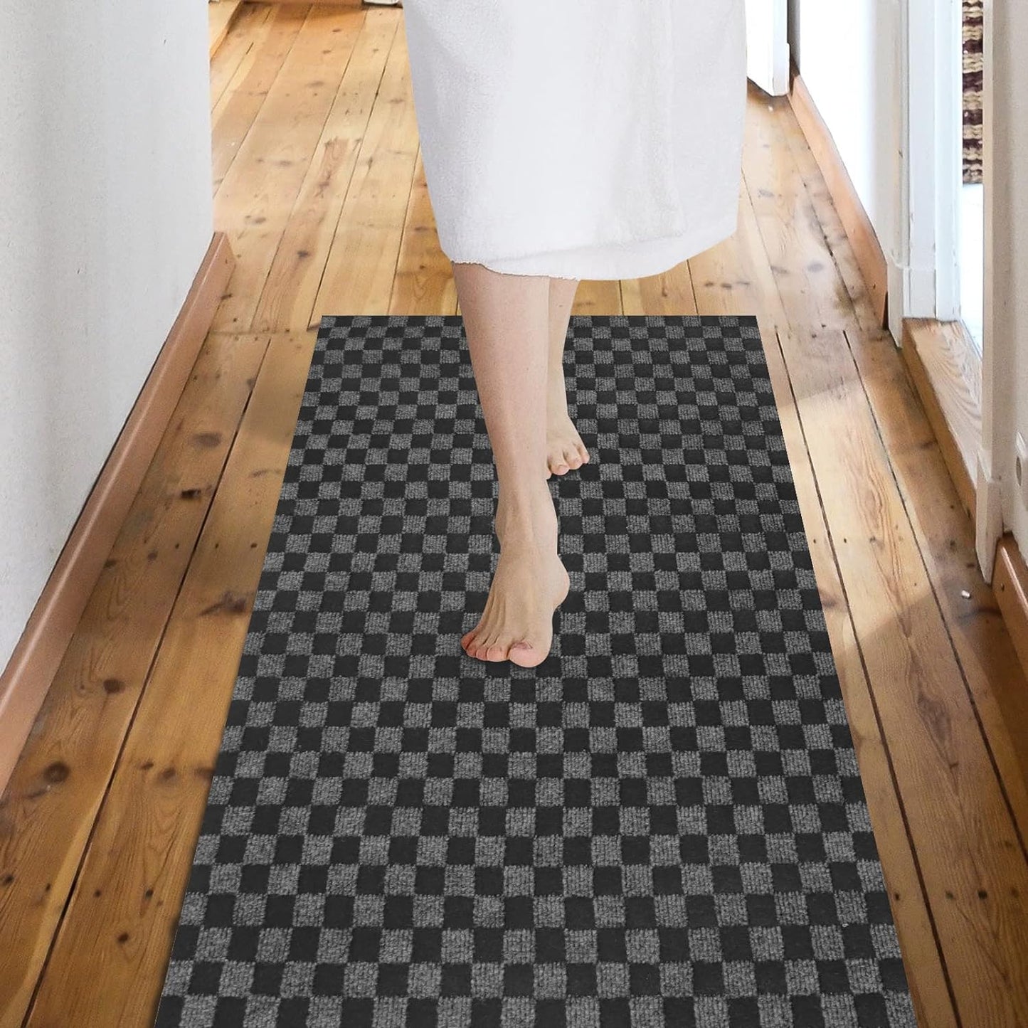 Custom Size Backed Non-Slip Area Rugs Runner, Easy Clean, Waterproof Runner Rugs for Hallway Entryway, Kitchen, Laundry, 2FT x 76FT, Gray Checkered