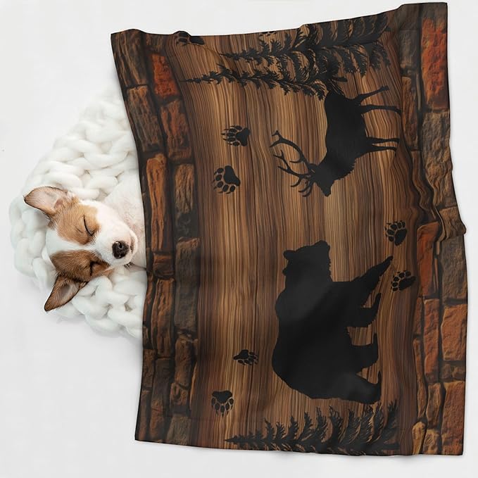 Bear Moose Blanket for Pet - Retro Cabin Throw Blanket 23x16 Vintage Couch Blankets for Puppy Dogs Cats