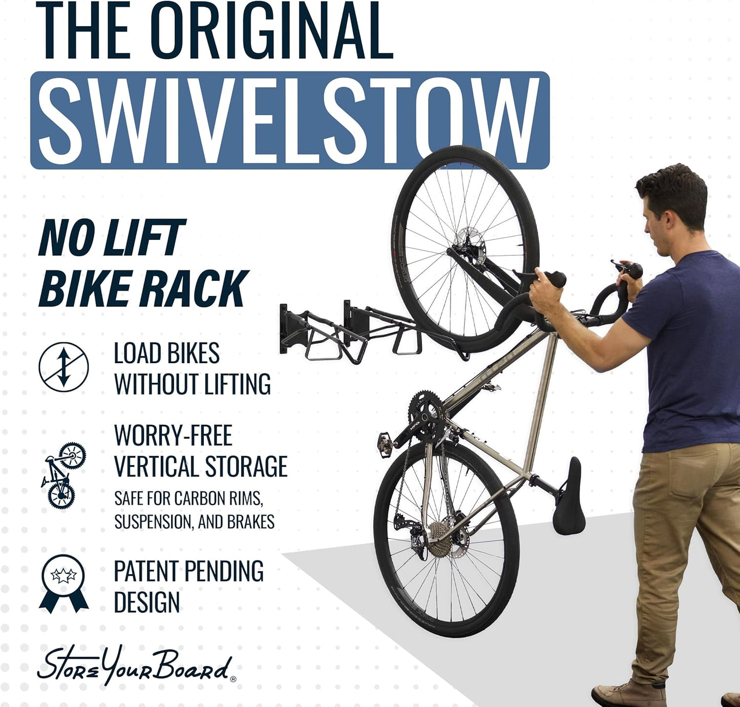 StoreYourBoard SwivelStow Mountain Bike Storage Rack 2 Pack – Heavy Duty Bike Hanger, No-Lift Bike Wall Mount for Garage Bike Storage, MTB and E-Bike, Holds 70 lbs, Patent-Pending
