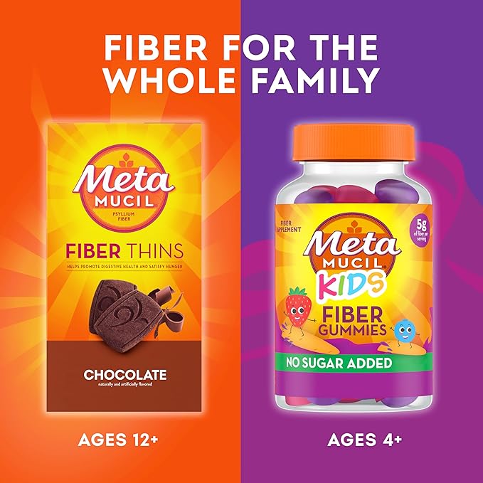 Metamucil Fiber Thins, Psyllium Husk Fiber Supplement, Digestive Health Support and Satisfy Hunger, Chocolate Flavored, 12 Servings