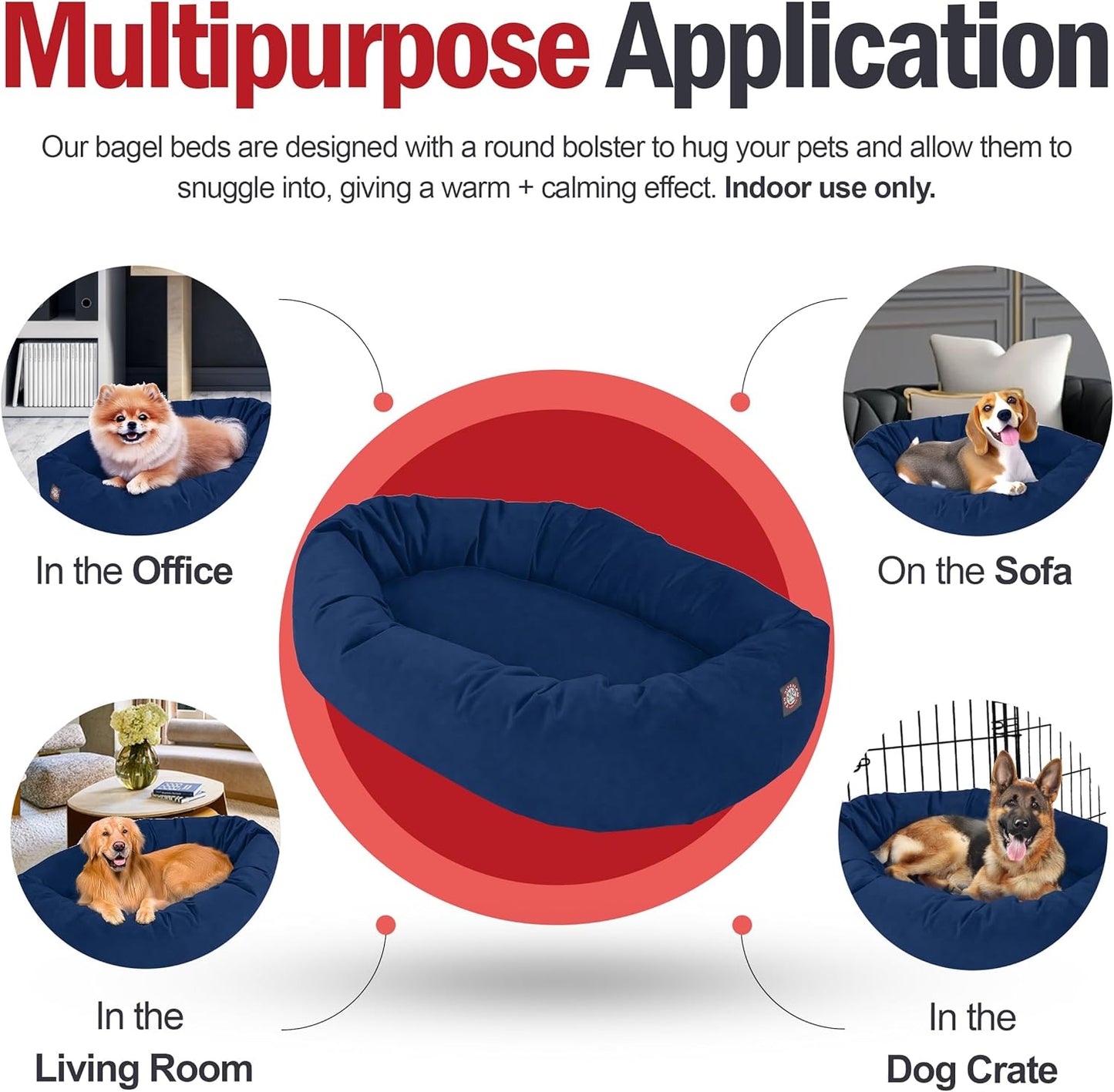 Majestic Pet 32 Inch Suede Calming Dog Bed Washable 32x23x7 (Inch) – Cozy Soft Round Donut Dog Bed with Spine Support for Dogs to Rest Their Head - Pet Bed Medium – Navy (2025)