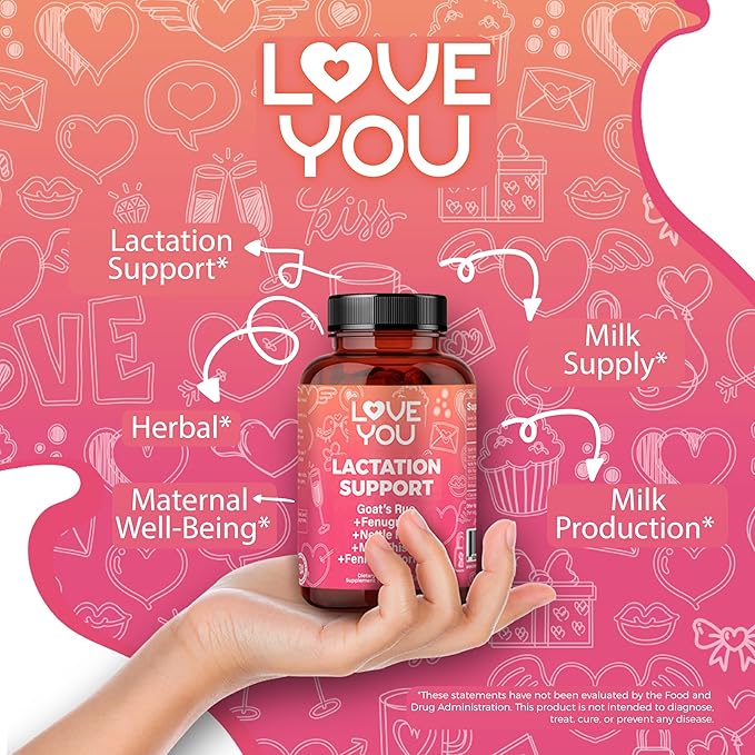 Love You Lactation Support – 2,000 mg Per Serving – Goat’s Rue, Fenugreek, Milk Thistle, Fennel, Nettle Root & Moringa Leaf – 60 Vegan Capsules – 30-Day Supply – Herbal Formula