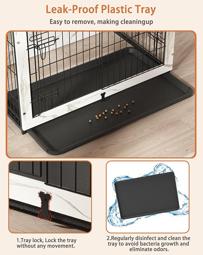 Megidok Wooden Dog Crate Furniture with Cushion,Medium Dog Crate End Table with Tray, Double Doors Kennels Indoor (32" L*22" W*26" H, Marble White)