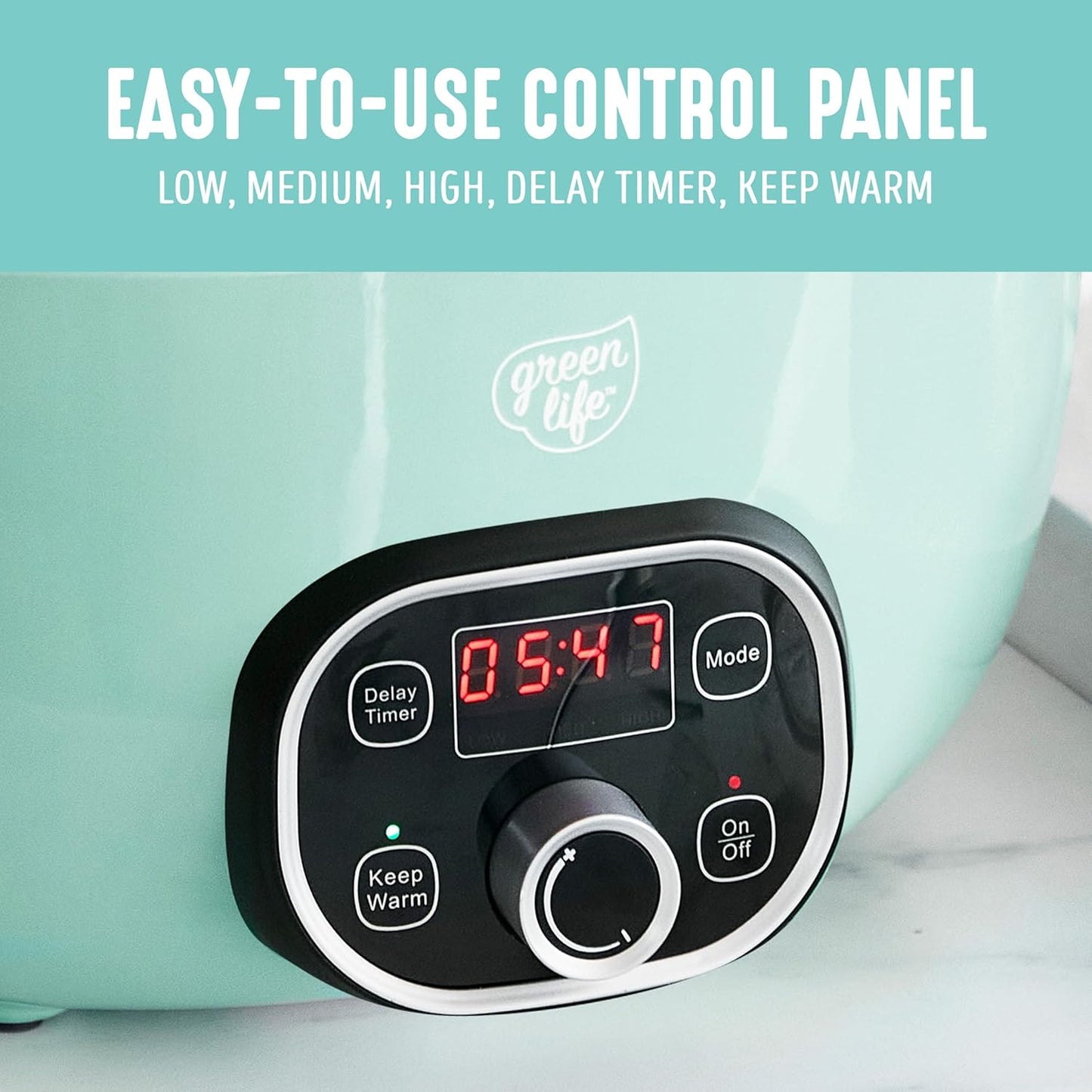 GreenLife 6 Quart Ceramic Slow Cooker, PFAS-Free, Programmable, Removable Healthy Nonstick Pot for Family Meals, Sear on Stovetop, Keep Warm, Digital Timer, Dishwasher Safe Glass Lid, Turquoise