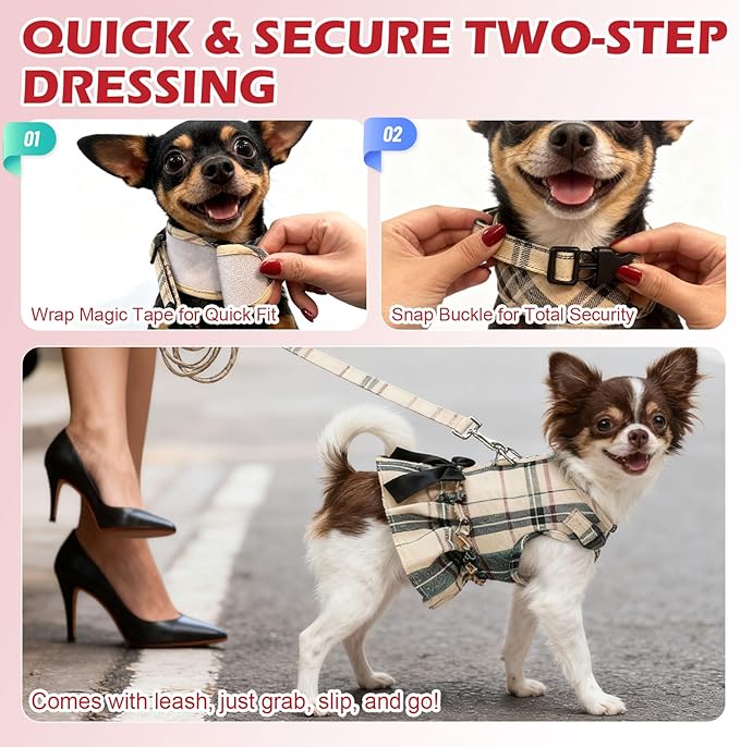 EXPAWLORER Dog Harness Small Medium Sized Dogs, Plaid Dog Dress Bowknot Harness and Leash Set, No Choke No Pull Soft Mesh Vest Cute Princess Puppy Outfits Clothes Costume for Girls Party Cats Navy XS