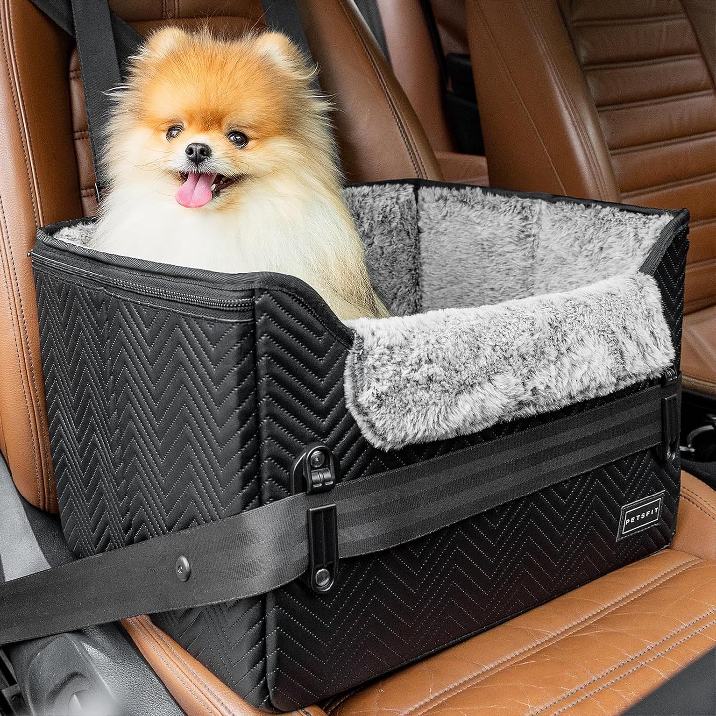 PETSFIT Small Dog Car Seat, Waterproof PU Leather Dog Carseat with Patent Safe Buckles, Clip-On Leash, Car Seat for Dogs, Cats Up to 25 lbs (Glossy Black)