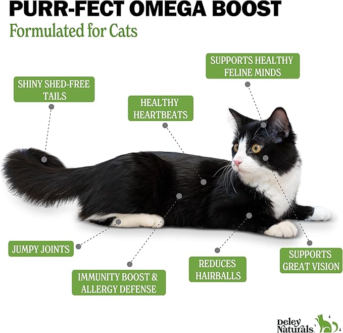 Deley Naturals Wild Caught Fish Oil for Cats with 2X Omega - Cat Fish Oil with Highest EPA & DHA Potency - Omega 3 for Cats for Shedding, Skin, Coat, Joints, Heart and Immune System - Made in The USA