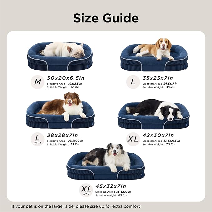 Bedsure L Plus Orthopedic Dog Beds Large Sized Dog - 360° Oval Bolster Large Dogs Bed for Senior Dogs with Waterproof Washable Cover, Big Comfort Pet Sofa Couch with Ultra-Soft Fleece, Navy Blue, 38"
