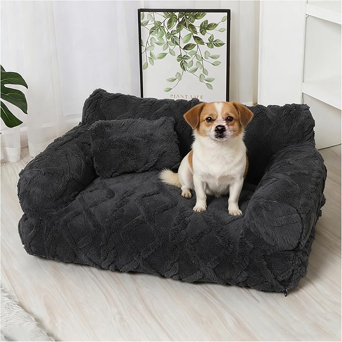Plush Calming Pet Sofa Bed, Raised Rim, Removable Cover & Non-Slip Bottom for Cats & Dogs, Calming Dog Bed Fluffy Plush Dog Mat for Furniture Protector with Removable Washable Cover (Black, Small)