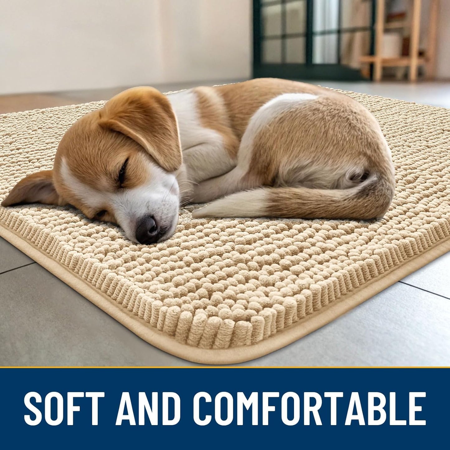 Smiry Dog Door Mat for Muddy Paws 59x24, Absorbs Moisture and Dirt Doormat, Non-Slip Washable Quick Dry Chenille Front Door Mat Indoor Entrance, Entryway Carpet for Inside Floor, Beige