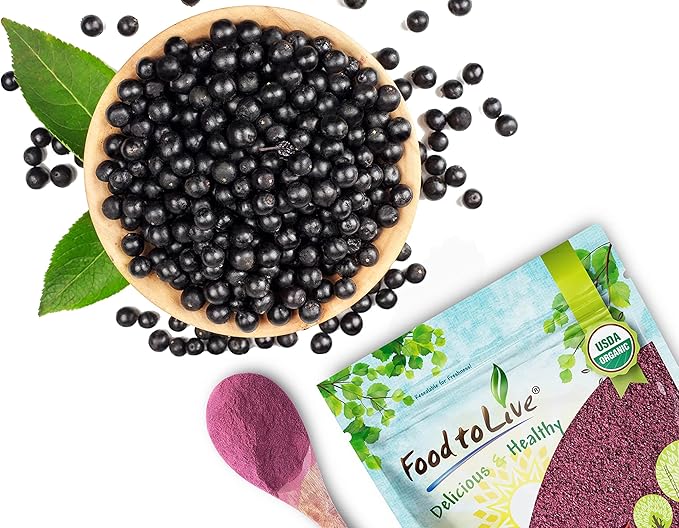 Food to Live Organic Black Elderberry Powder, 1 Pound Non-GMO, Made from Raw Dried Berries, Unsulfured, Vegan, Bulk, Great for Baking, Smoothies, Yogurts, No Sulphites, Contains Maltodextrin