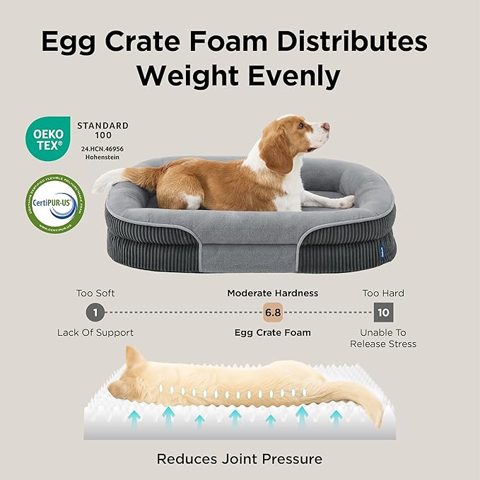 Bedsure Orthopedic Dog Bed Medium Size Dog - 360° Oval Bolster Medium Dogs Beds for Senior Dogs with Waterproof Washable Cover, Comfort Pet Sofa Couch with Ultra-Soft Fleece, Grey, 30"