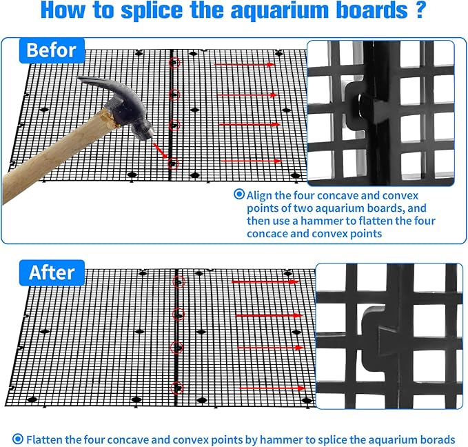 Adjustable Platic Grip Panel Aquarium Fish Tank Divider Filter Bottom DIY Plastic Grid Fish Tank Isolation Board Plastic Egg Crate Tray (Black, 4pcs 11.8X5.9 Inch with 0.15 Inch Hole)