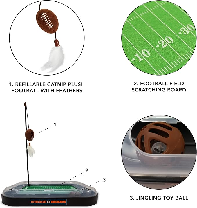 Pets First Cat Scratcher NFL Chicago Bears Football Field CAT Scratcher Toy with Catnip Filled Plush Football Toy & Feather Cat Toy Hanging & Jingle Bell Interactive Ball Cat Chasing 5-in-1 Kitty Toy