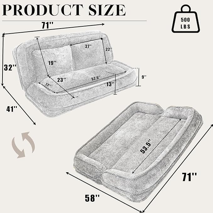 Double Human Dog Bed for Adult and Kids, Comfy Foldable Lazy Floor Loveseat Sofa Bed with 5 Adjustable Position, Upholstered Floor Bean Bag Lounger Chair for Bedroom, Living Room,Office (Orange.)
