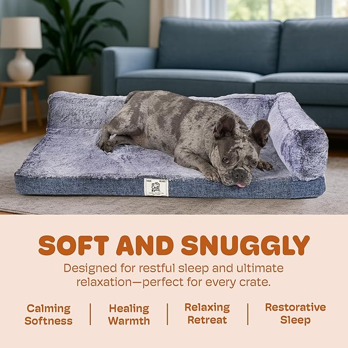 Dog Gone Smart Chill Kuzzi Dual Bolster Crate Pad - Washable Dog Bed Infused with Far Infrared Rays (FIR) Supportive Plush Cushion for Crates, Travel, and Recovery - Slate Blue, Medium 18 x 29 Inches