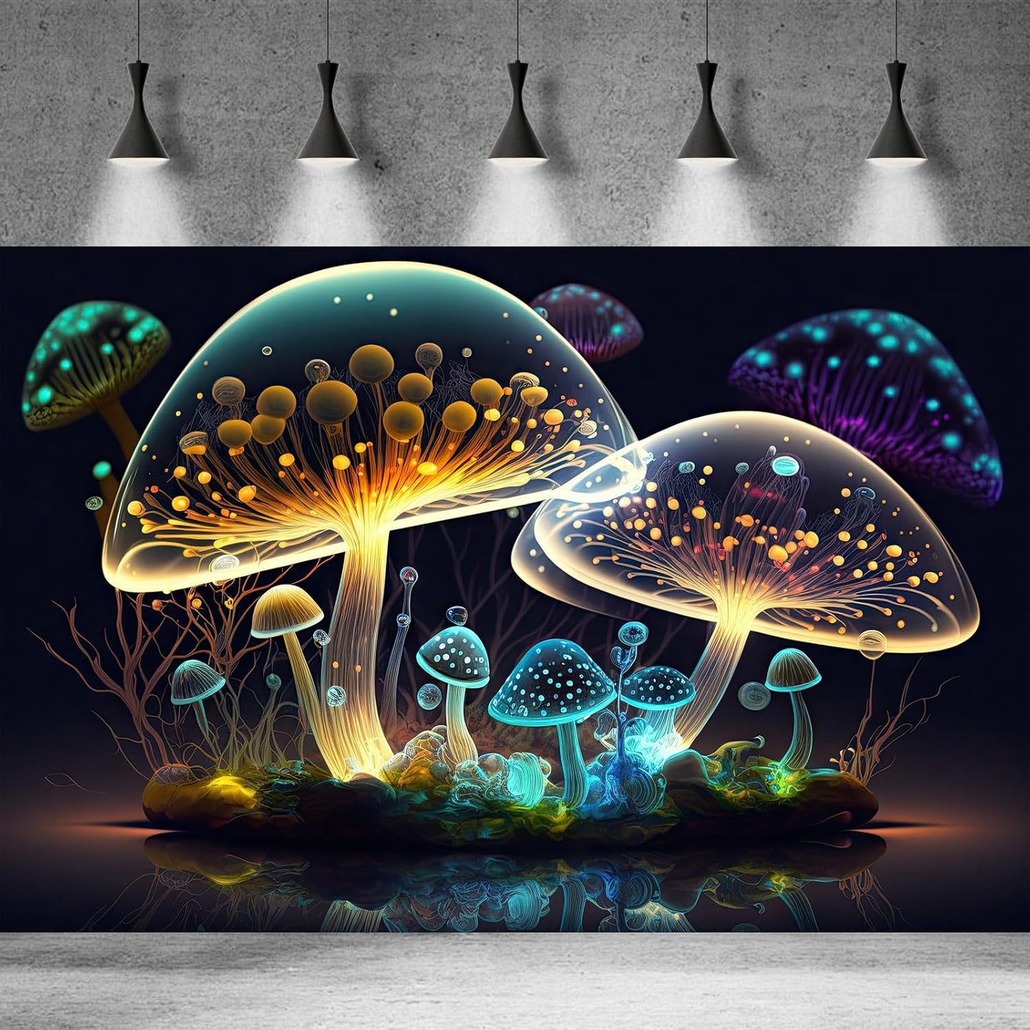 Mushroom Aquarium Background Abstract Glowing Fantasy Mushrooms Terrarium Background Mysterious Forest Magical Night In Circle Shape Crystal Glass Fish Tank Backdrop Decorations Vinyl 72x16in