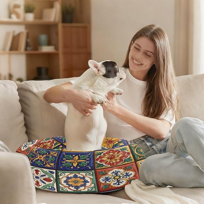 Round Cat Bed Dog Bed,20in Mexican Tile Patterns Washable Non-Slip Bottom Soft Pet Bed for Small Medium Dogs and Cats