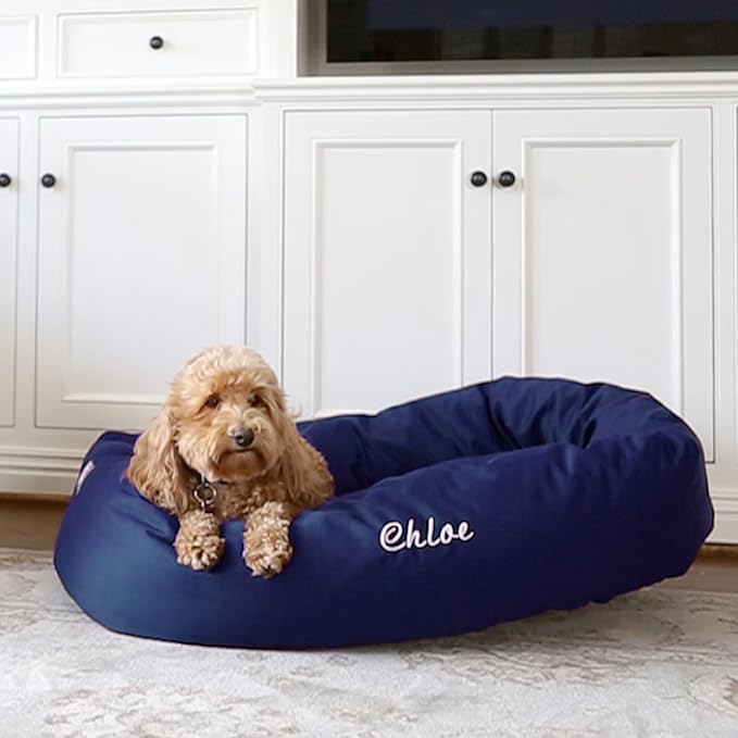 Majestic Pet Personalized 40 Inch Bagel Calming Dog Bed Washable – Cozy Soft Round Dog Bed with Spine Support for Dogs to Rest Their Head - Fluffy Donut Dog Bed 40x29x9 (Inch) - Large – Blue