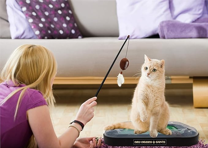 CAT BELL BALL NFL New Orleans Saints Football Field CAT Scratcher Toy with Catnip Filled Plush Football Toy & Feather Cat Toy Hanging, with Jingle Bell Interactive Ball Cat Chasing 5-in-1 Kitty Toy
