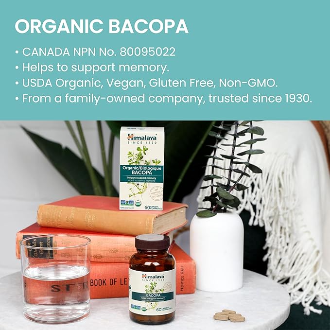 Himalaya Organic Bacopa Monnieri Nootropic Herbal Supplement, Supports Calm, Memory, Cognition, USDA Certified Organic, Non-GMO, 750 mg, 60 Plant-Based Caplets, 60 Day Supply