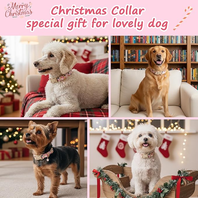 Christmas Dog Collar for Medium Dogs, Adjustable Poly-Cotton Fabric Collar with Santa Pattern, Cute Pink Dog Collar for Dogs, Medium Dog Collars Girls Dog Collars