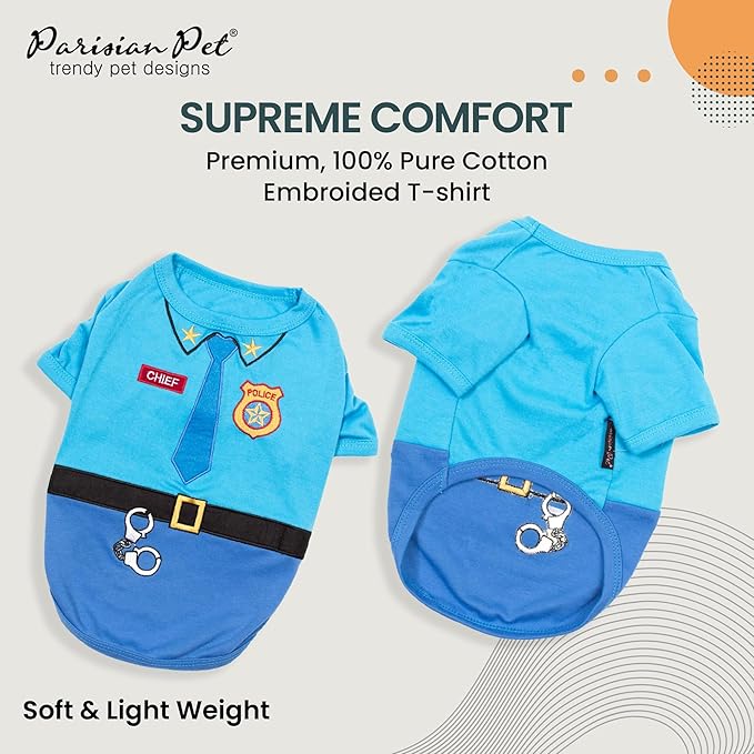 Parisian Pet Dog Shirt - Embroidered Police Costume - 100% Cotton and Polyester - Sleeved Cop Costume - Blue for Large Dogs 3XL